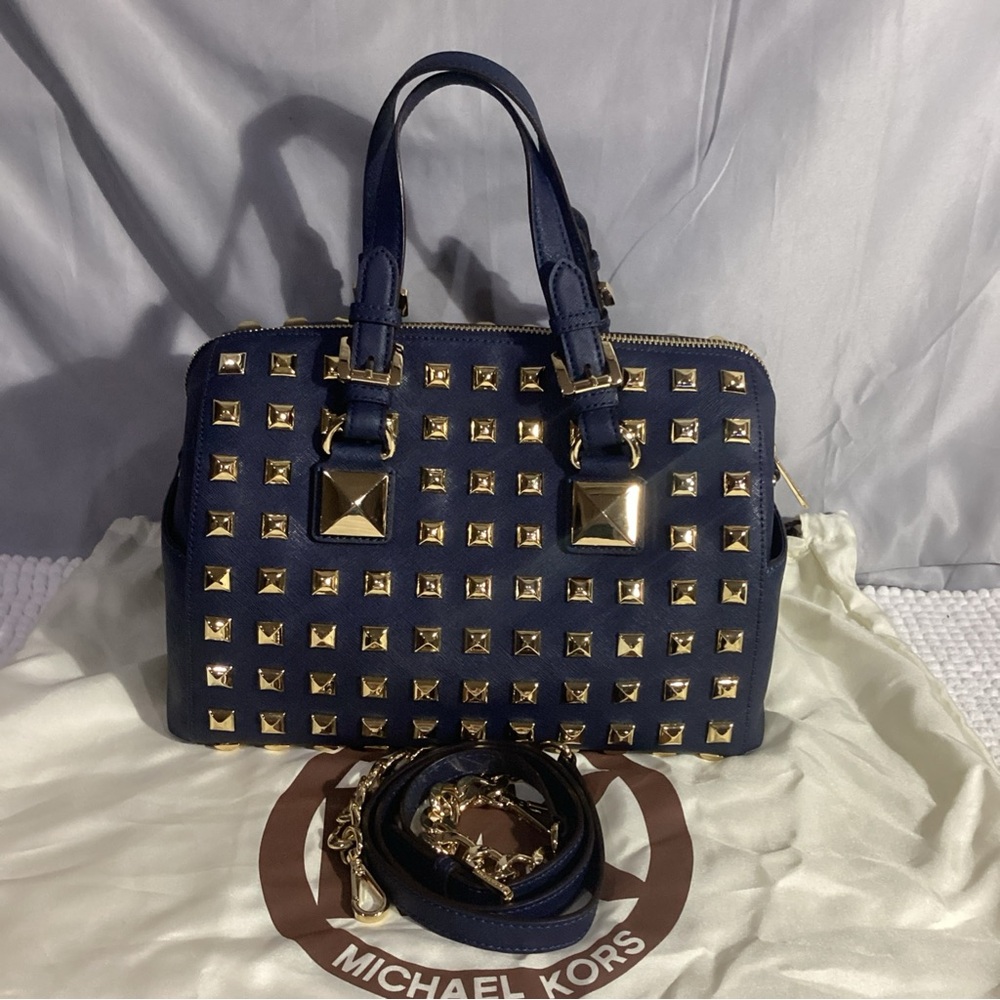MICHAEL Kors Navy Blue Gold Studded Leather Grayson Satchel with Long Strap - Picture 6 of 13